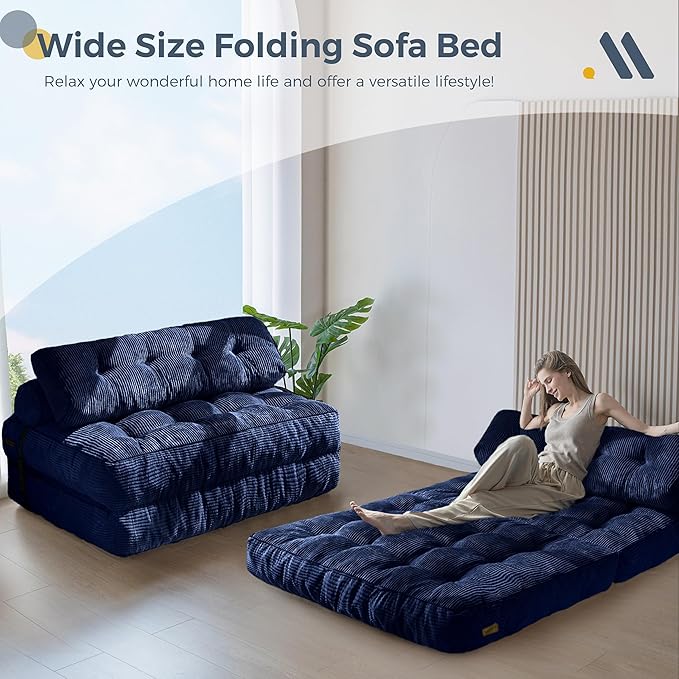 MAXYOYO Folding Sofa Bed, Convertible Chair with Pillow Foldable Couch with Back Support, Portable Fold Out Chair Bed Comfy Floor Sofa Lounge for Living Room Bedroom, Navy Double