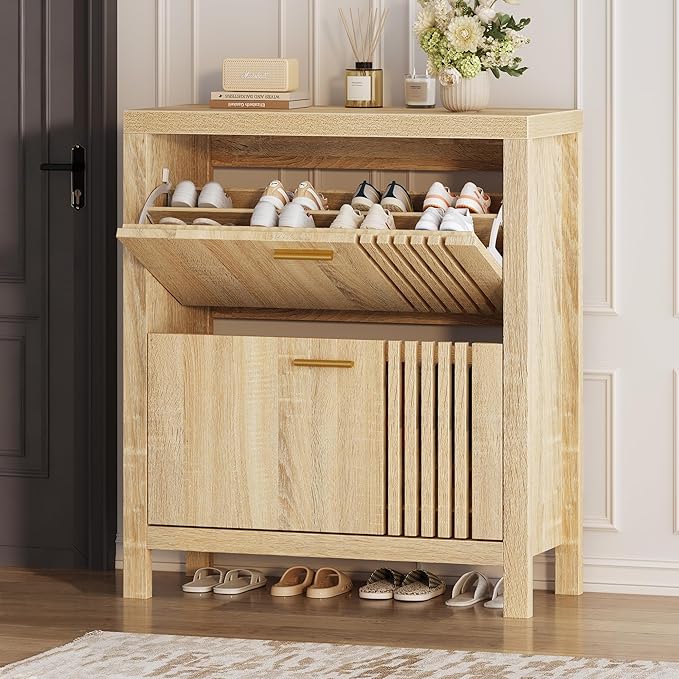 knoworld Shoe Storage Cabinet for Entryway with 2 Flip Drawers, 31.5" Narrow Fluted Shoe Organizer Cabinet, Slim Wooden Shoe Cabinet, Freestanding Hidden Shoe Cabinet for Entrance, Hallway (Natural)