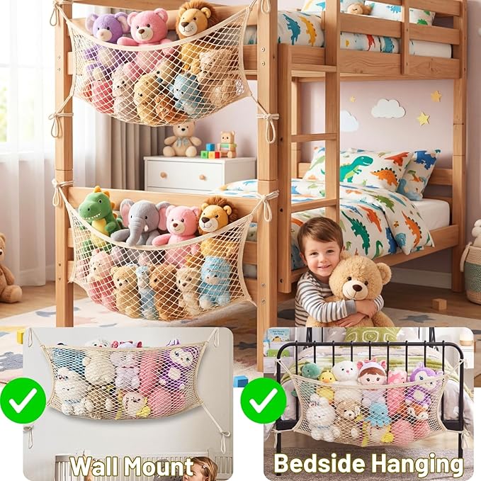 Stuffed Animal Storage Net for Kids, Bedside Toy Organizer Net - Neatly Store Your Stuffed Animals, Cotton Bedside Stuffed Animal Storage Net with Tether, Stretches up to 35 Inches, Beige