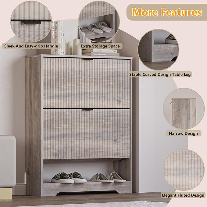 BORNOON Shoe Cabinet with 2 Flip Drawers, Fluted Shoe Storage Cabinet with Adjustable Shelves, Freestanding Rack and Organizer for Entryway, Closet, Hallway