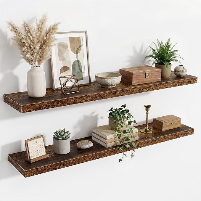 Floating Shelves for Wall,48 Inch Wall Mounted Rustic Wood Shelves,9.3" Deep Wall Shelf with Invisible Brackets,Deep Floating Shelf for Bathroom,Bedroom,Living Room,Book/Storage/Decor,Rustic Brown