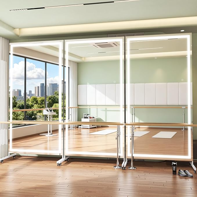 Hasipu 75" x 32" Full Length Mirror on Wheels with LED Light — Dimmable Warm/Natural/Cool, Shatterproof Tempered Glass, Wall Mountable, Rolling Dressing Mirror for Home Gym, Makeup, Yoga, Studio
