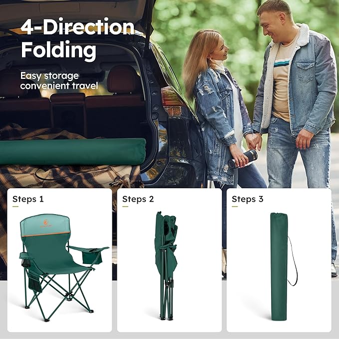 ALPHA CAMP Camping Chairs 350LBS Capacity, Heavy Duty Folding Chair with 4-Can Cooler Bag, Portable Outdoor Chair with Cup Holder for Adults, Collapsible for Tailgating, Beach, Fishing
