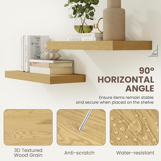 24 Inch Floating Shelves for Wall Decor,9.3" Deep Floating Shelf Wall Book Shelves,Large Display Storage Shelf,Wall Mounted Shelves with Invisible Bracket for Living Room,Bedroom,Bathroom,Kitchen,Oak
