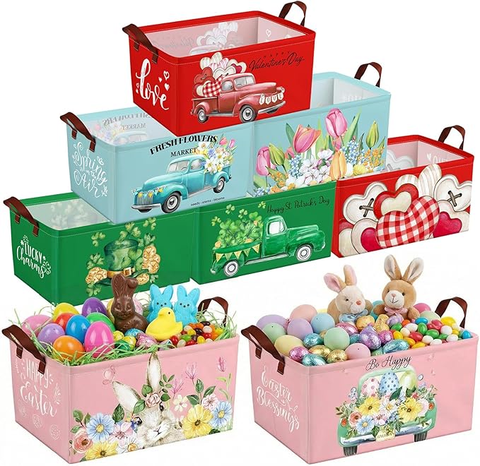 CHENGU 8 Pack Large Easter Gifts Baskets Empty Collapsible Holiday Storage Bin St Patricks Day Valentines Canvas Laundry Basket Foldable Box with Handle for Home Office Bedroom Clothes Toys