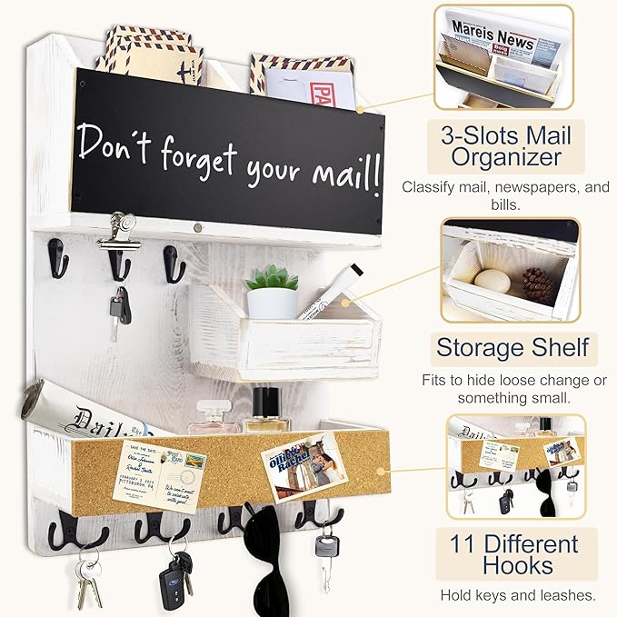 Mail Organizer Wall Mount，Key Holder Mail and Key Organizer for Wall with Shelf, Chalkboard, Corkboard, Home Decor for Room Office Entryway(Ivory White)