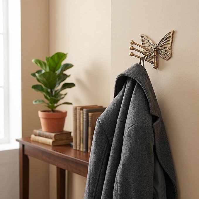 Indian Shelf 33Lb. Brass Butterfly Foldable Coat Hooks Heavy Duty, Swivel Tri Arm Decorative Wall Hooks Gold Key Holder, 3 Prong Vintage Gold Coat Rack Wall Mount, Folding Hat Rack