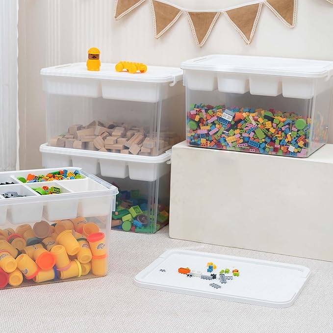 Citylife 32 QT Stackable Toy Storage with Building Baseplate Lid and Removable Tray Tool Box Organizer Storage Bins with Lids for Organizing Bead, Tool, Sewing, 4 Packs