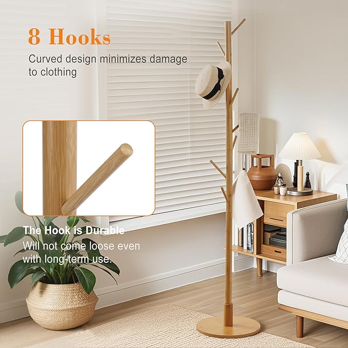 VECELO Coat Rack Freestanding, Entryway Hanger Stand, Umbrella Holder, Hall Tree With Hooks, Floor Standing Metal Tree Stand,Light Wood