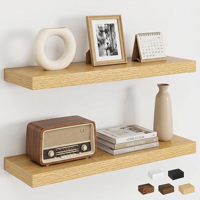 Dreamland Floating Shelves, Rustic Wooden Black Wall Shelves for Bathroom|Bedroom|Kitchen, Deep Wall Mounted Book Shelf, Wood Storage Display Shelf for Home Decor, 22.5" X 6.7" Set of 2