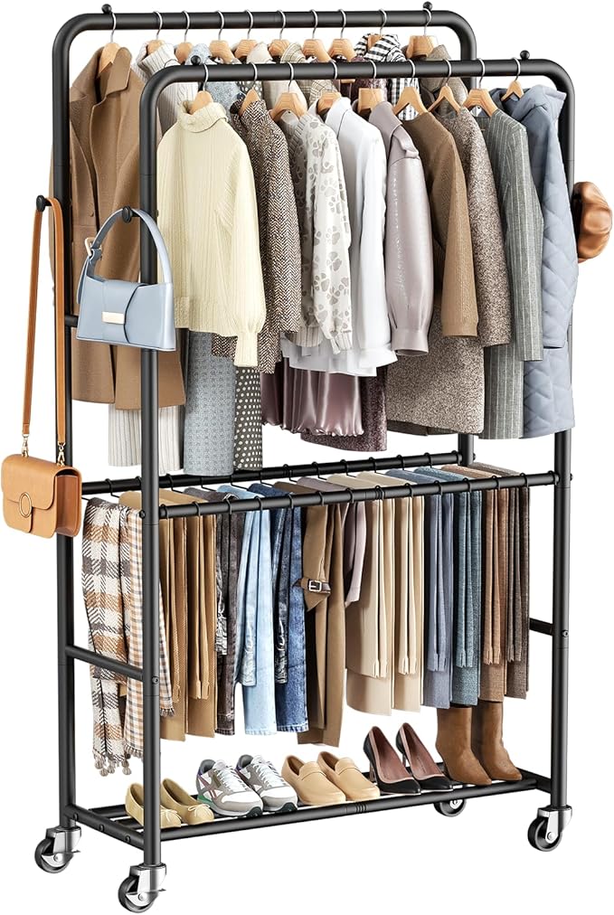 Clothes Rack - 4-Bar Double Rod Clothing Rack with 15 Pants Racks - Rolling Clothes Rack with Shelves - Portable Garment Rack for Bedroom Laundry Room Closet - Black