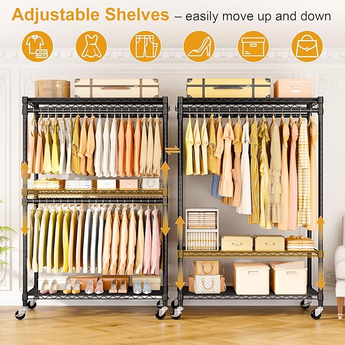 ULIFHOME P5 Plus Rolling Clothes Rack Heavy Duty, Clothing Racks for Hanging Clothes, Metal Garment Rack with Wheels, 3-Tier Portable Closet Rack 45'' W × 20.5'' D × 80.5'' H, Max Load 660 Lbs, Black