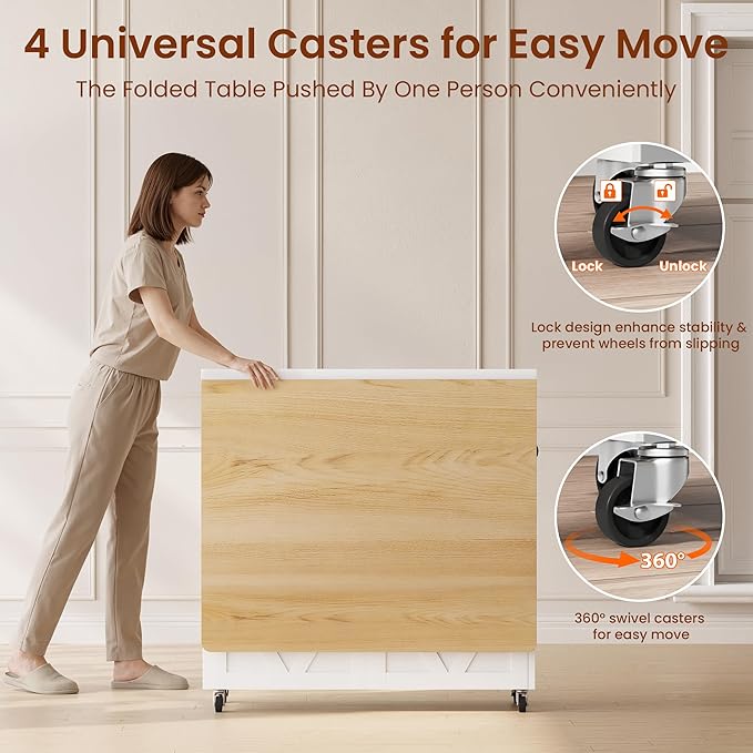 Jocoevol Space Saving Folding Dining Table for 4, Farmhouse Foldable Dining Table with Drawer and Storage Shelf, 6 Wheels Multipose Expandable Kitchen Drop Leaf Table for Small Space (Pear Wood White)