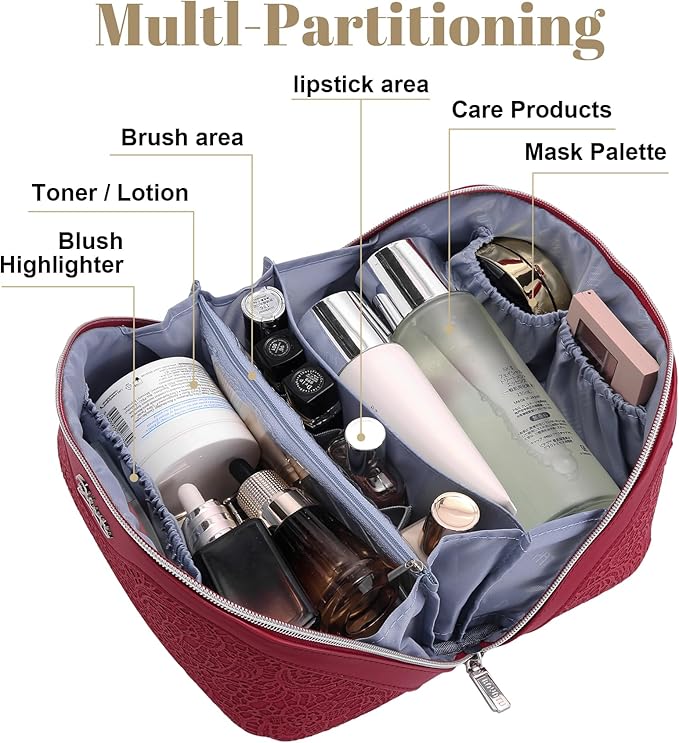 BOYATU Travel Makeup Bags Cosmetic Organizer Bag: 3 Pcs Set Large Capacity Make up Bag with Compartments - Waterproof Leather Toiletry Bags with Handle for Women (A-Red)