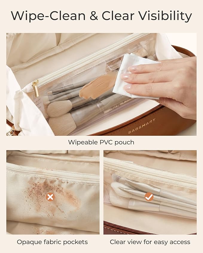 BAGSMART Makeup Bag Travel 3 Pcs Set Cosmetic Bag, Large Make Up Bag Flat Open Toiletry Bag for Women, PU Leather Travel Essentials Organizer Case, Wide-open Pouch for Skincare, Brushes, Nude Pink