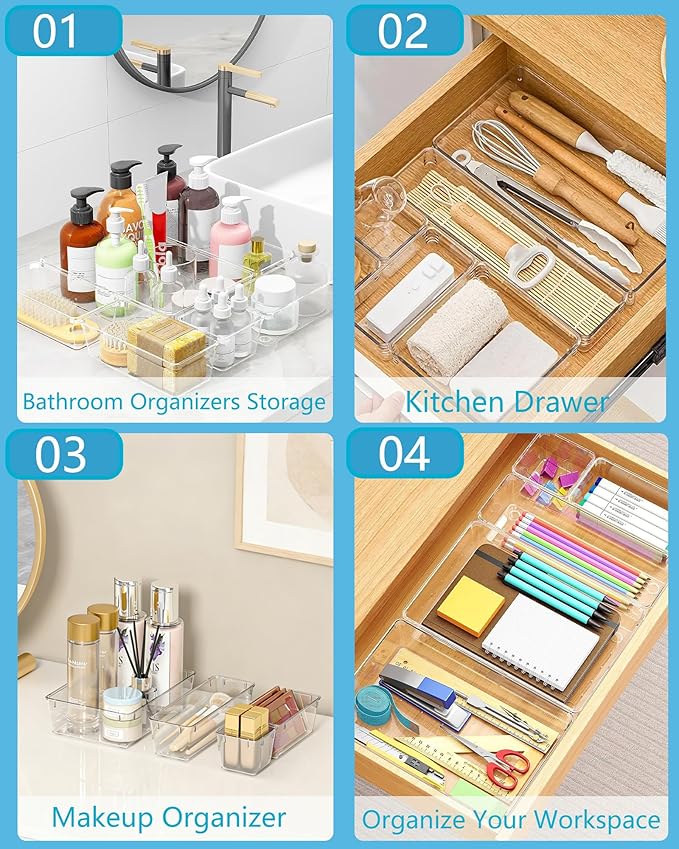 60 Pcs Makeup Drawer Organizer Set, 4 Sizes Versatile Bathroom and Vanity Drawer Organizer for Makeup, Non-Slip Desk Organizer Trays for Bedroom, Office, Fits Jewelry and Office Supplies