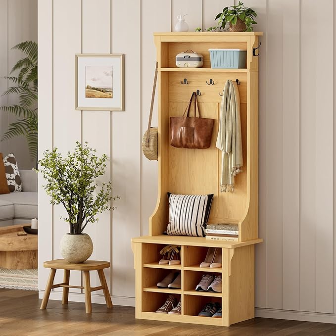 IRONCK Hall Tree with Bench and Shoe Storage, 6-in-1 Entryway Bench with Coat Rack, Adjustable Shelf, Hanging Hooks, 6 Shoe Cubbies, 2-Tier Top Storage, for Entryway, Bedroom, Living Room, Oak
