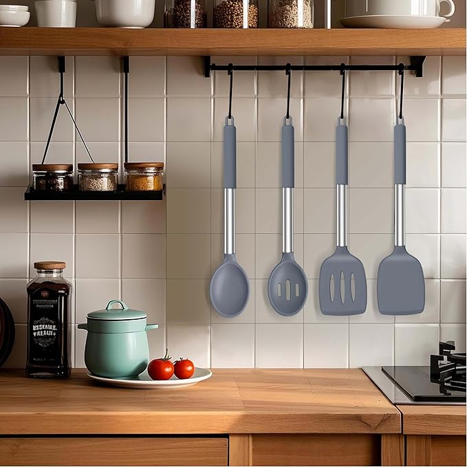 LIANYU Silicone Cooking Utensil Set, 4Pcs Heat Resistant Kitchen Utensils Set, Non-stick Stainless Steel Handle Spatula Tools, Dishwasher Safe, Grey