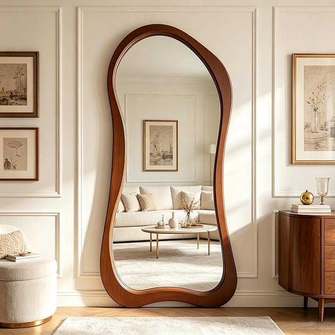 Large Irregular Mirror, 67"x31.5" Organic Floor Mirrors with Solid Wood Frame, Asymmetrical Full Length Mirror for Living Room Entryway Hallway Bedroom Cloakroom, Leaning/Wall-Mounted