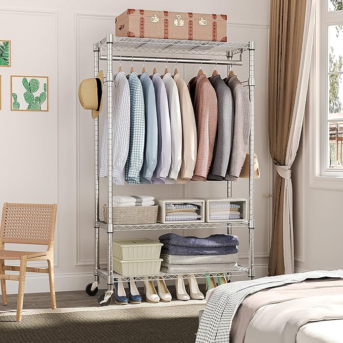 M MZG Heavy Duty Rolling Garment Rack 3 Tiers Adjustable Wire Shelving Clothes Rack with Rods and Side Hooks,Storage Closet Clothing Rack with Wheels Chrome 15.7" D x 29.5" W x 74.5" H