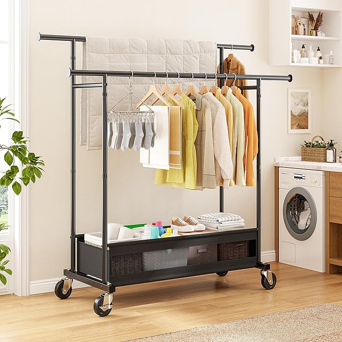 Clothes Rack Clothing Racks for Hanging Clothes, Rolling Clothes Rack Portable Clothing Rack, Double rod clothing rack with Storage Basket, Garment rack for Bedroom, Laundry Room, Black