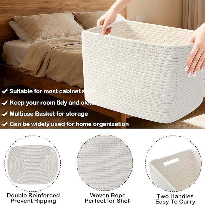 3 Pack Woven Rope Storage Baskets for Organizing,13.5"×11"×9.5" Storage Bins for Shelves,Perfect for Toys,Books,Towels,Clothes,Empty Gift Baskets for Nursery,Living Room&Bedroom(White)