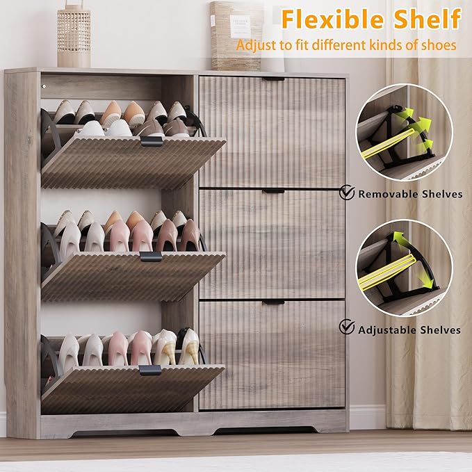 BORNOON Large Shoe Cabinet for Entryway, Tall Narrow Shoe Storage Cabinet with 6 Flip Drawers and Adjustable Shelves, Shoe Rack Cabinet Organizer for Hallway, Foyer, Small Apartment