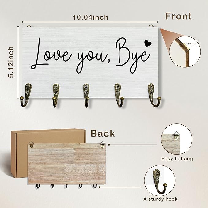 Love You Bye Sign Key Holder for Wall 10"x5.12", Love Sign Key Hanger Wall Mount, Housewarming Valentines Gifts for Couples Family Wooden Hanging Keys Holder Decor for Entryway Front Door