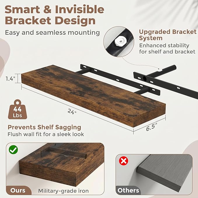Venusmiles Floating Shelves for Wall, 24 Inch Floating Shelves Set of 2, 6.5" D Wooden Wall Mounted Display Shelves with Invisible Brackets for Living Room, Bedroom, Bathroom, Kitchen Decor, Brown