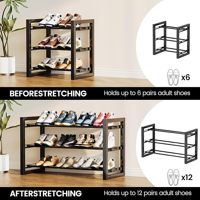 Homeiju Expandable Shoe Rack, 3 Tier Metal Shoe Shelf, Adjustable Shoe Stand for Sneakers, Boots, Heels, Heavy-Duty Steel Standing Shoe Organizer for Entryway, Closet, Bedroom, Black