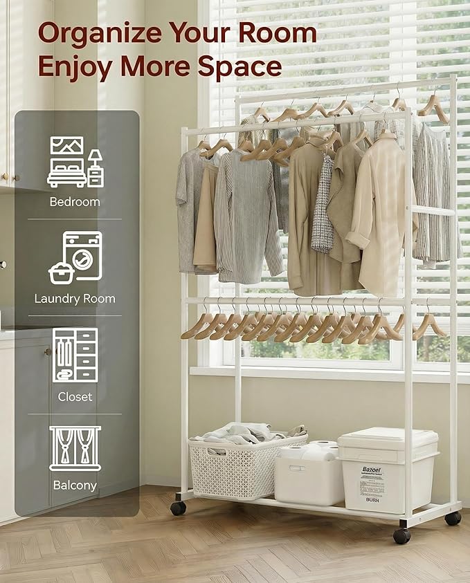 Clothes Rack 36.2" x 21.3" x 72", 4-Bar Double Rod Rolling Metal Clothing Rack for Hanging Clothes, Portable Garment Rack with Wheels for Bedroom Laundry, Closet Wardrobe, White