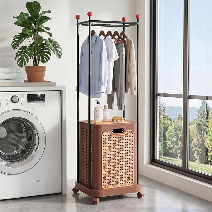 VECELO Laundry Hamper with Clothes Rack, Rolling Laundry Basket with Lid and Wheels, Tall Clothes Stand for Hanging Clothes, Multifunctional Laundry Organizer for Bedroom, Bathroom, Brown