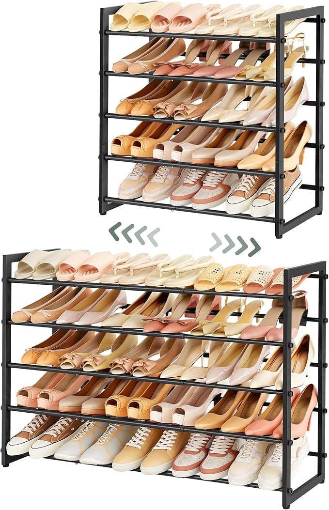 FAVOOSTY 5-Tier Expandable Shoe Rack, Adjustable Shoe Shelf Storage Organizer Space Saving Metal Free Standing Shoe Rack for Entryway Closet Doorway, Silver Grey (Black, 5 Tier)