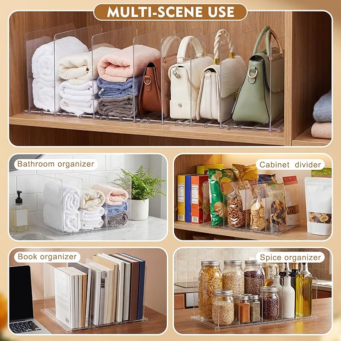 LEIFIDE Interlocking Towel Organizer Set Adjustable Clear Towel Storage Shelf for Bathroom, Plastic Dividers Storage Holder Organizer for Home, Bathroom, Cabinet, Closet, Space Saving