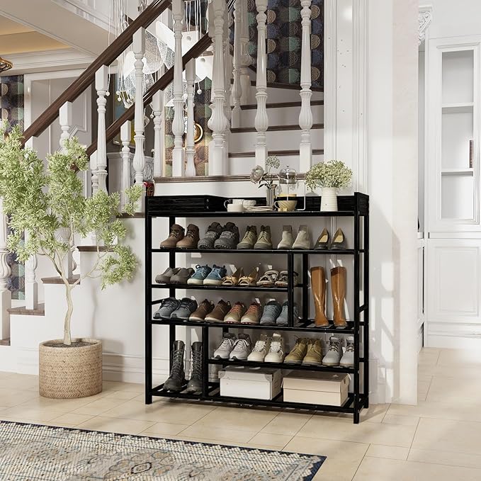 Bamworld Shoe Rack for Front Door Entrance Bamboo Shoe Organizer with Storage Box Free Standing Shoe Cabinet Shoe Storage Shelf for Entryway, Closet and Doorway (Black)
