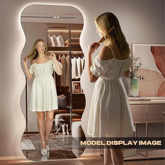 Hasipu Wavy Full Length Mirror with Lights - 71"×31" LED Wavy Floor Mirror, Frameless, Dimmable, Standing or Vertical/Horizontal Wall-Mounted Mirror for Bedroom, Living Room, Cloakroom