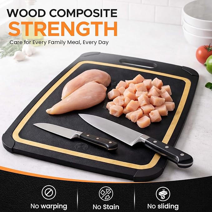 Earth's Dreams Composite Wood Cutting Board Set of 3 – Built In Juice Groove, Non-Toxic Cutting Boards for Kitchen – Large, Medium & Small Non-Slip Wood Charcuterie & Chopping Boards (Black/Tan)