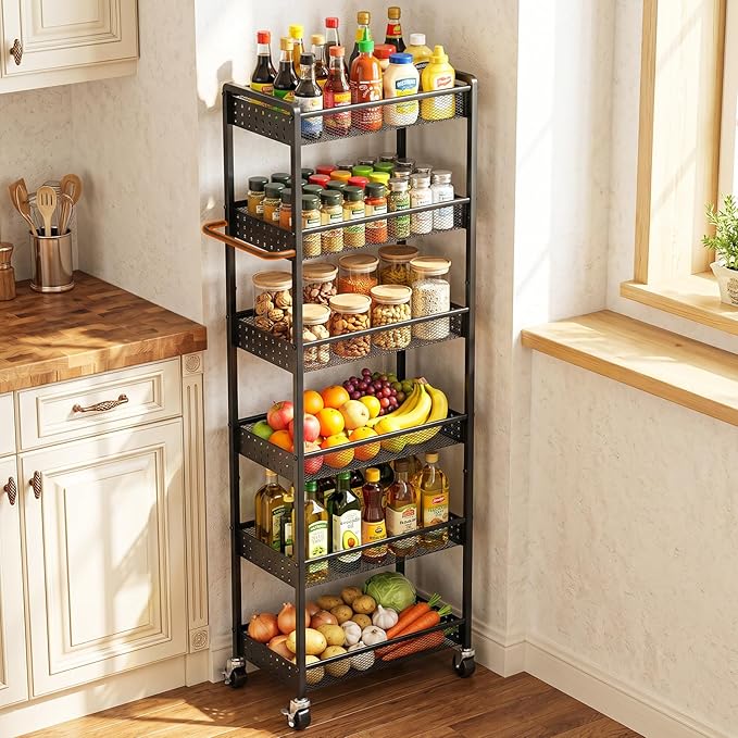6 Tier Slim Storage Cart with Wheels, 10" D Rolling Storage Cart for Small Space, Metal Narrow Spice Cabinet Mobile Shelving Unit Organizer with Handle for Kitchen, Laundry - Black