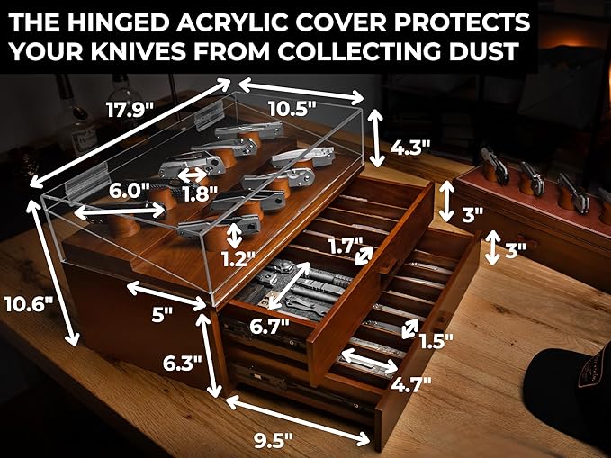 Premium Pocket Knife Display Case for 50 Knives - Extra Large Wooden Knife Organizer, Storage & Holder with Unique Pillars, 2 Drawers - Knife Collection Box - Handcrafted Father's Day Present for Men