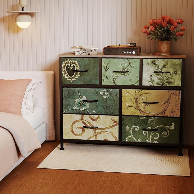 OLIXIS 7 Drawer Dresser Wood top Fabric Storage Tower Bedroom Living Room Hallway entryway Organizer Floral Painted Compact Storage Chest for Clothes Essentials Durable Modern Furniture Home use
