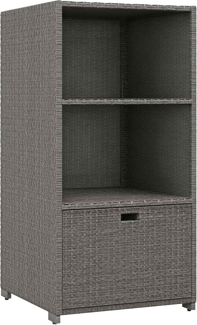 Outsunny Valet Pool Towel Rack, Waterproof PE Plastic Rattan Wicker Storage Organizer, Indoor Outdoor Spa, and Hot Tub Accessory Storage, 2 Shelves, 1 Basket Drawer, Mixed Gray
