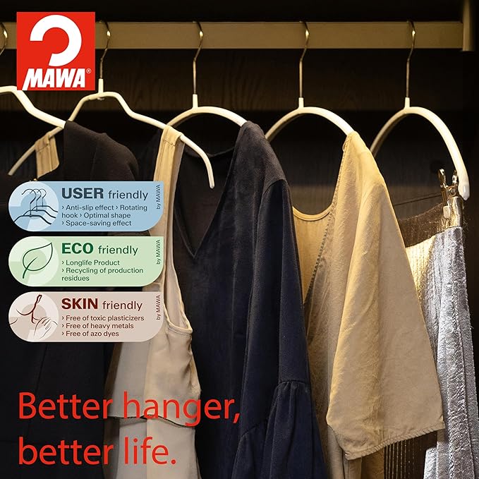 Mawa by Reston Lloyd Euro Series Non-Slip Space Saving Clothes Hanger for Shirts & Dresses, Style 40/P, Set of 12, White