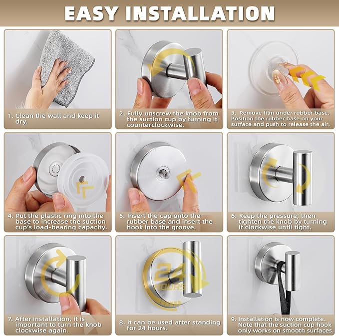Suction Cup Hooks for Shower - Bathroom Reusable Hooks for Towels, Robes & Loofah - No-Drill Mounting on Kitchen,Walls,Metal,Glass,Mirrors,Tile & Smooth Non-Porous Surfaces (4, Brushed Nickel)
