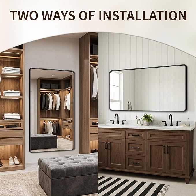 FICTOR Bathroom Mirror, 30"x55" Black Framed Vanity Mirror for Wall, Shatterproof &Anti-Rust Bathroom Mirrors for Over Sink, Bedroom, Living Room, Entryway, Vertical/Horizontal Mount