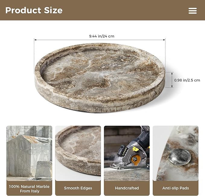 Round Marble Vanity Tray, Gray Travertine,Natural Marble Stone Decorative Tray for Counter, Bathroom, Kitchen, Dresser, Nightstand or Coffee Table, Home Decor(NS024)