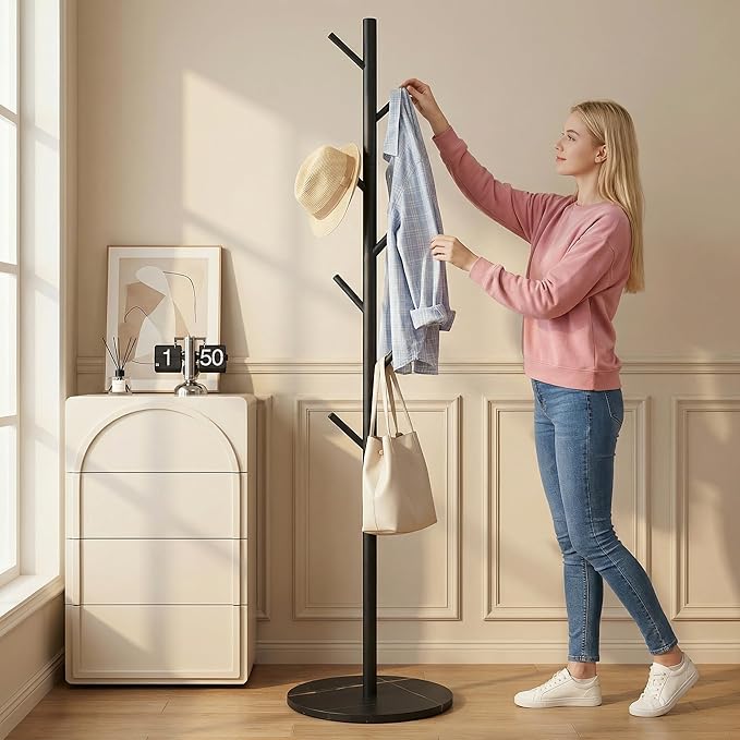 Heavy Duty Freestanding Coat Rack, Modern Hall Tree,7 Hooks, 3 Adjustable Height, Sturdy Metal Clothes hook stand with base for Entryway Bedroom Office for Coats Hats Handbags and Purses, Black