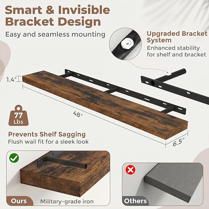 Venusmiles Floating Shelves for Wall, 48 Inch Floating Shelves Set of 2, 6.5" D Wooden Wall Mounted Display Shelves with Invisible Brackets for Living Room, Bedroom, Bathroom, Kitchen Decor, Brown