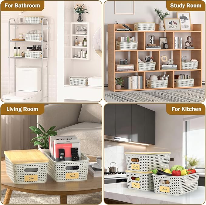 Stackable Storage Basket: Plastic Baskets Bins, Baskets for Organizing, Pantry Decorative Containers for Closets, Cabinets, Shelves(8 Pack, White)