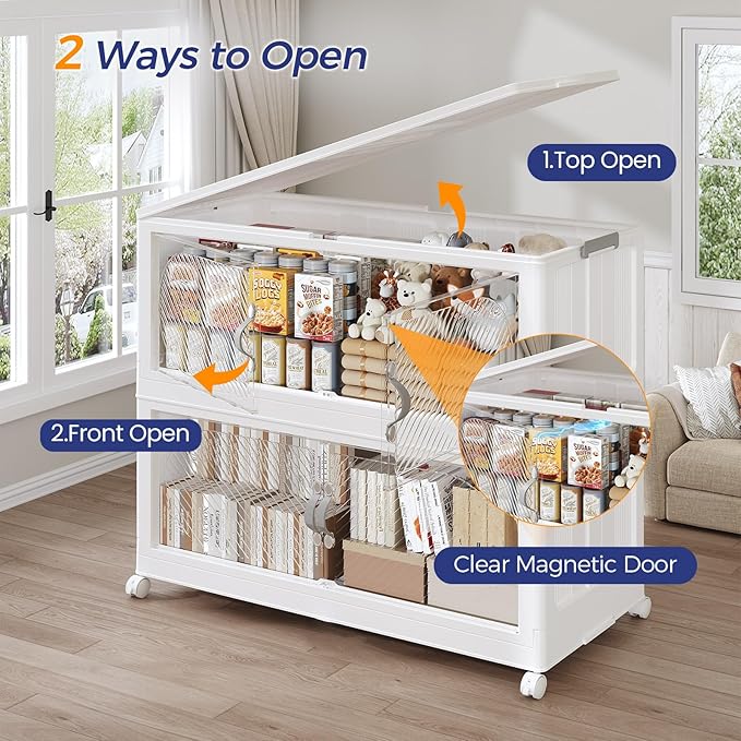 640QT Extra Large Stackable Storage Bins with Lid & Wheels & Doors, 160Gal Foldable Collapsible Closet Organizers, Plastic Cabinet Box Container Drawer for Home Kitchen Bedroom, 4Pack White