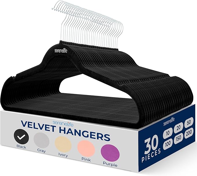 SereneLife 30 Pieces Velvet Hangers - Space Saving Heavy Duty Slim Suit Clothes Hanger Set with 360 Degree Swivel Metal Hook, Can Hold Up to 10 Lbs. for Coats, Jackets, Pants & Dress (Black)